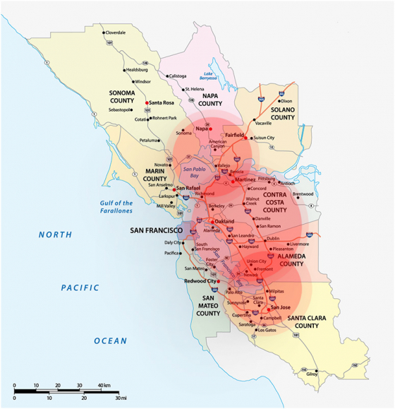 Map showing Philcos service area of Contra Costa, Alameda, Santa Clara, San Mateo, & Solano Counties